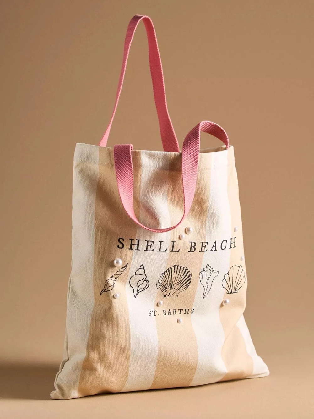 Shell Beach St. Barths Pearl Embellished Striped Canvas Tote Bag